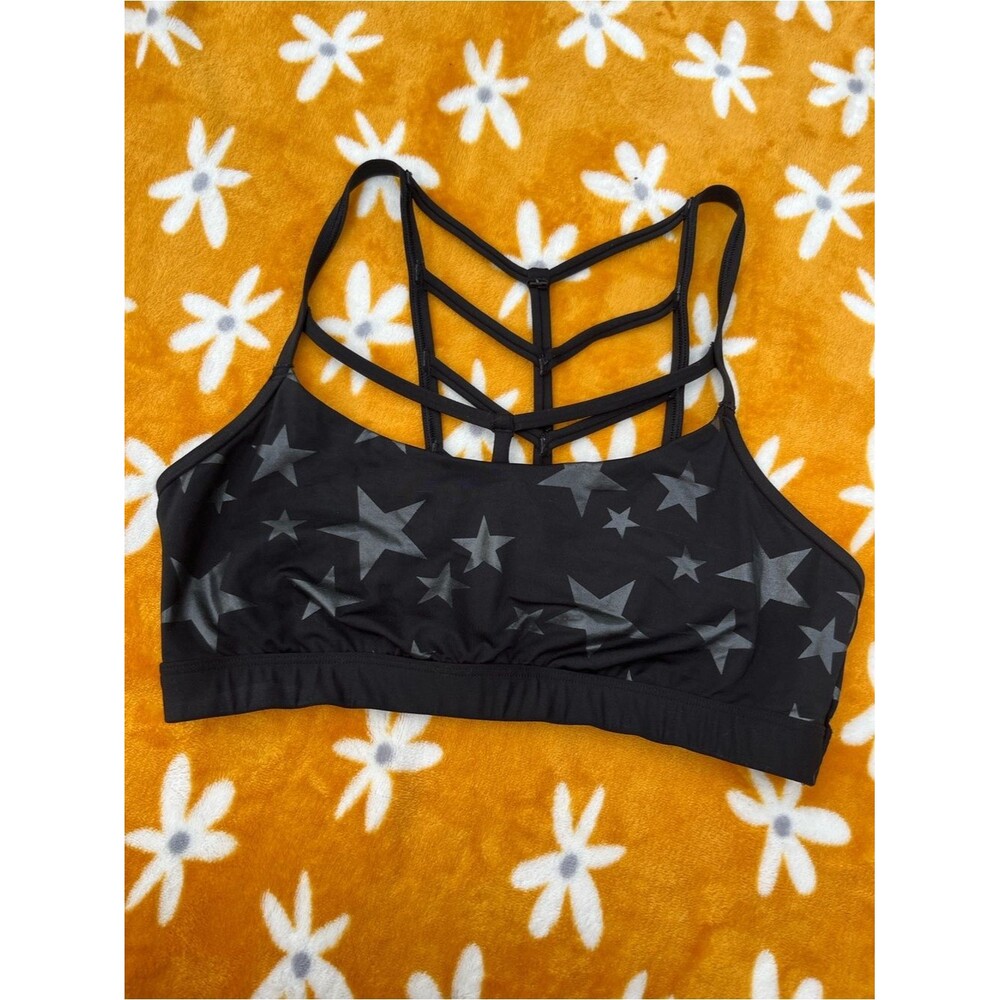 VS PINK ULTIMATE Strappy Black Sports Bra with Metallic Black Stars Size Small